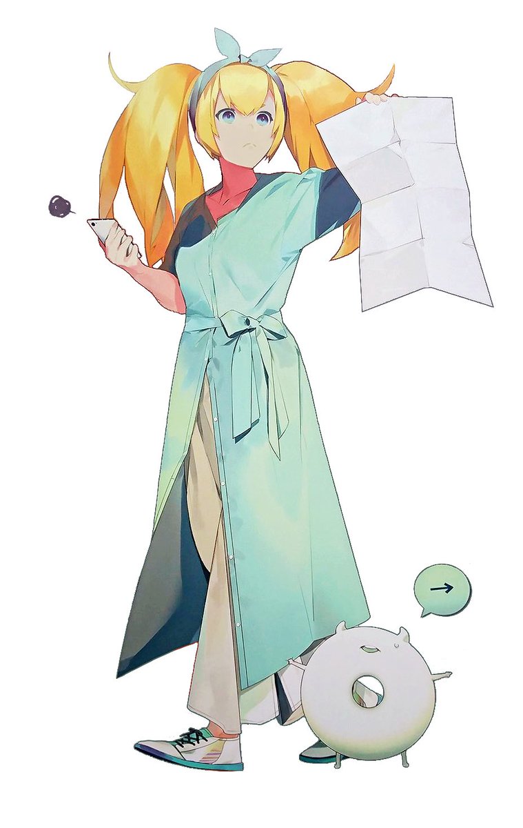 &gt;:( akira_(coffee_curry) alternate_costume blonde_hair blue_eyes blue_shirt cellphone enemy_lifebuoy_(kantai_collection) full_body gambier_bay_(kantai_collection) hair_ribbon hairband highres kantai_collection long_hair long_skirt map official_art phone pointer ribbon scan scan_artifacts shirt skirt smartphone sweatdrop twintails white_background