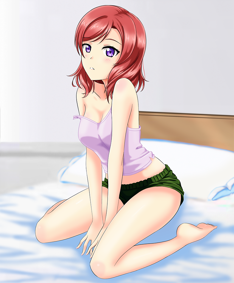 10s 1girl absurdres artist_request bed blush breasts camisole cleavage female highres looking_at_viewer love_live! love_live!_school_idol_project lying medium_breasts nishikino_maki no_bra on_bed on_side parted_lips pillow purple_eyes red_hair short_hair shorts solo tank_top thighs