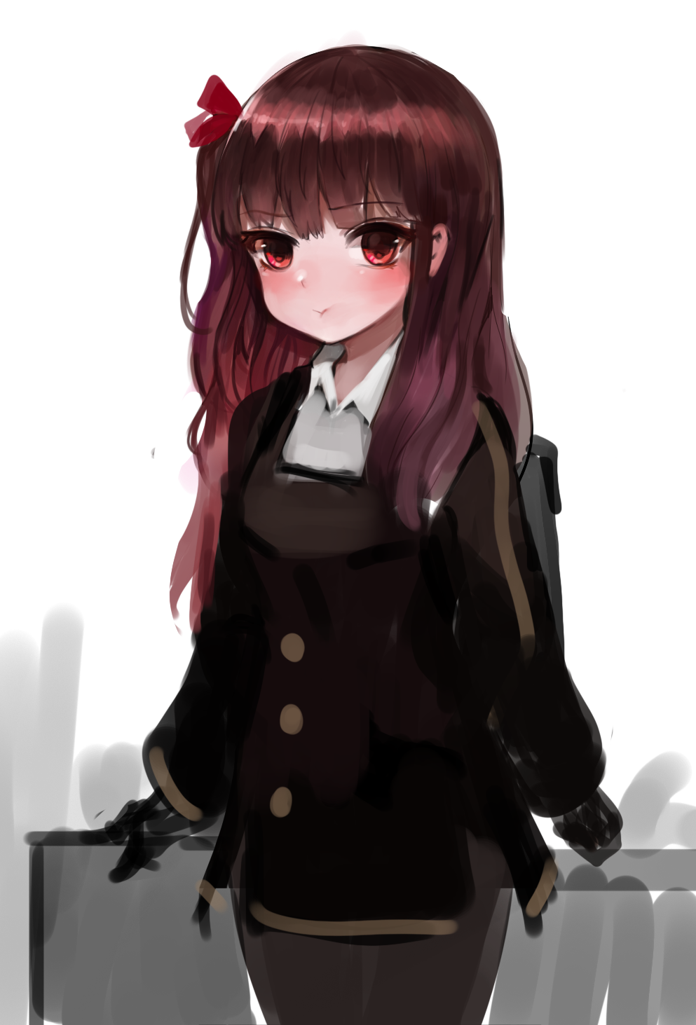 :t bangs black_dress black_gloves blush brown_hair brown_legwear closed_mouth collared_shirt commentary_request cowboy_shot dokomon dress eyebrows_visible_through_hair girls_frontline gloves hair_ribbon highres korean_commentary long_hair long_sleeves looking_at_viewer one_side_up pantyhose pout red_eyes red_ribbon ribbon shirt sketch solo standing wa2000_(girls_frontline) white_background white_shirt