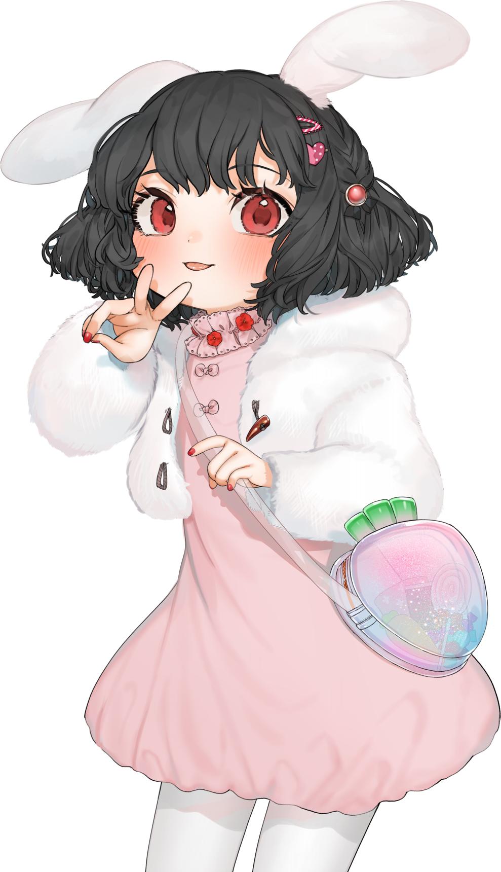 1girl :p animal_ears bag bangs black_hair blush bow bunny_ears candy carrot commentary_request cowboy_shot dress drop_shadow food fur_jacket gotoh510 hair_ornament hairclip hand_up heart heart_hair_ornament highres hood hooded_jacket inaba_tewi jacket lollipop long_sleeves looking_at_viewer nail_polish pantyhose pink_bow pink_dress red_eyes red_nails short_dress short_hair simple_background smile solo standing tongue tongue_out touhou v white_background white_jacket white_legwear