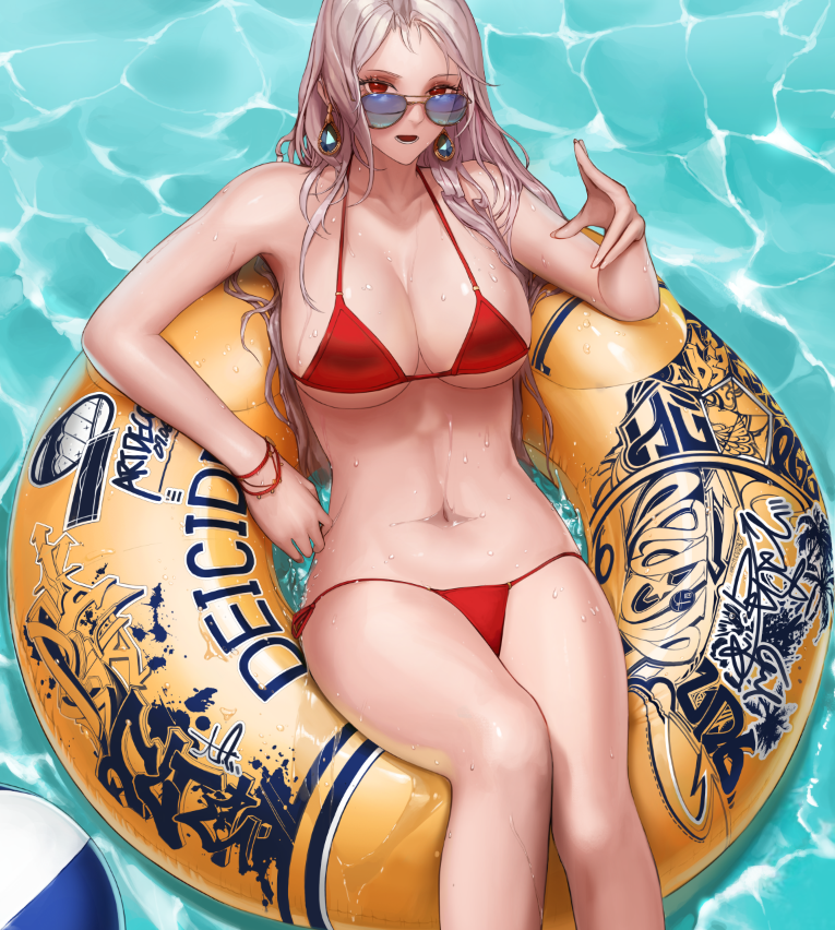 1girl aviator_sunglasses bangs belly bikini bracelet breasts cleavage demon_slayer_(dungeon_and_fighter) dungeon_and_fighter earrings female_slayer_(dungeon_and_fighter) innertube jewelry large_breasts legs_together light_brown_hair long_hair looking_at_viewer looking_over_eyewear lying monaim navel on_back open_mouth outdoors parted_bangs red_bikini red_eyes side-tie_bikini side-tie_bottom silver_hair solo sunglasses swimsuit teeth water wet
