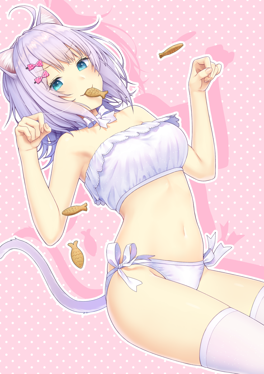 1girl :3 ahoge animal_ear_fluff animal_ears armpits bangs bare_arms bare_shoulders blue_eyes bow bra breasts cat_ears cat_girl cat_tail choker daidai_jamu drop_shadow fang food hair_bow hands_up highres lavender_hair lingerie looking_at_viewer medium_breasts mouth_hold navel original panties paw_pose pink_background pink_bow polka_dot polka_dot_background ribbon ribbon_choker short_hair side-tie_panties solo stomach striped tail taiyaki thighhighs thighs underwear v-shaped_eyebrows wagashi white_bra white_legwear white_panties white_ribbon