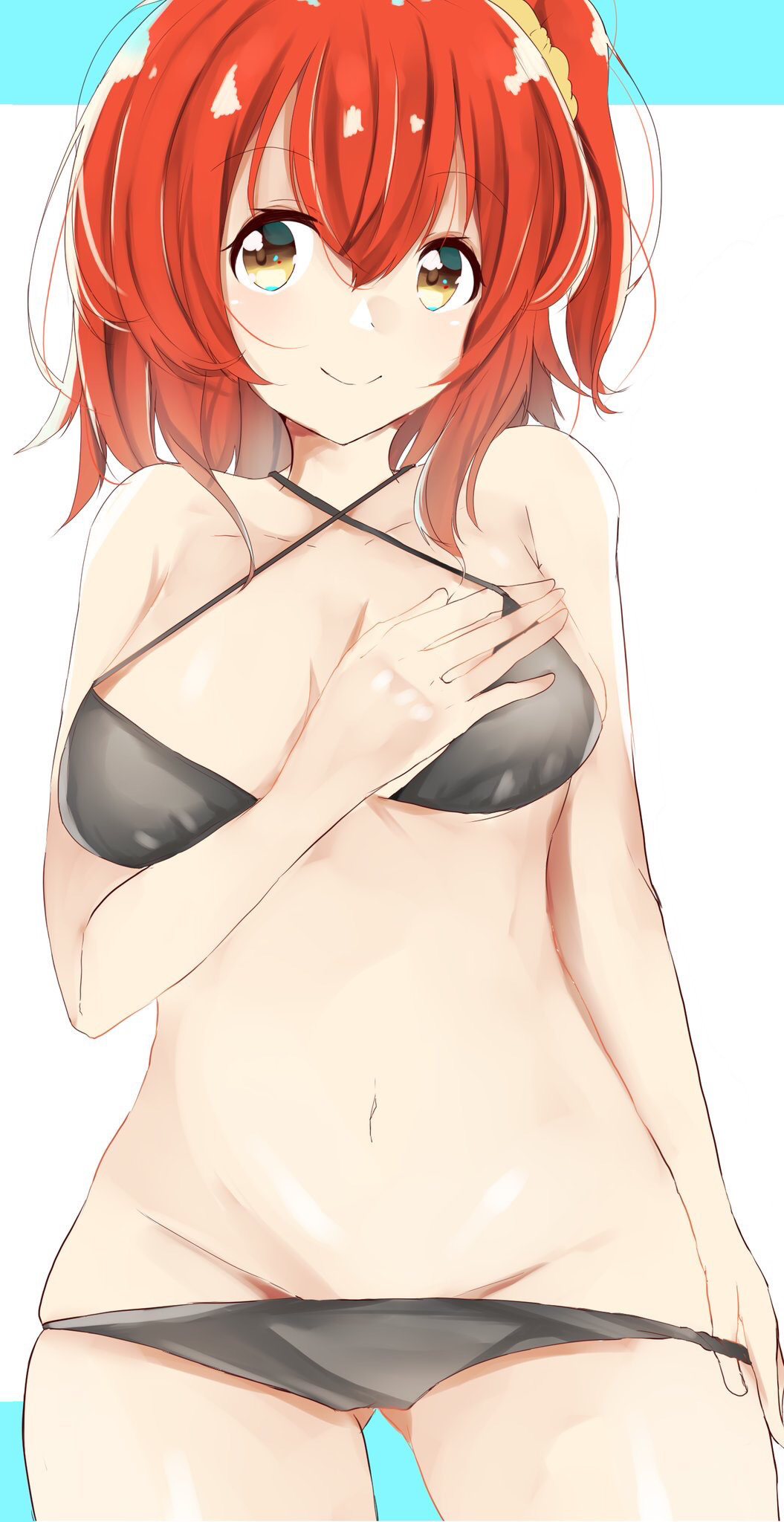 1girl ahoge bare_arms bare_shoulders black_bra black_panties bra breasts collarbone commentary_request eyebrows_visible_through_hair fate/grand_order fate_(series) fujimaru_ritsuka_(female) hair_between_eyes hair_ornament hair_scrunchie harusame_(moyuna412) highres looking_to_the_side medium_breasts navel orange_eyes orange_hair panties scrunchie simple_background smile solo underwear upper_body yellow_scrunchie