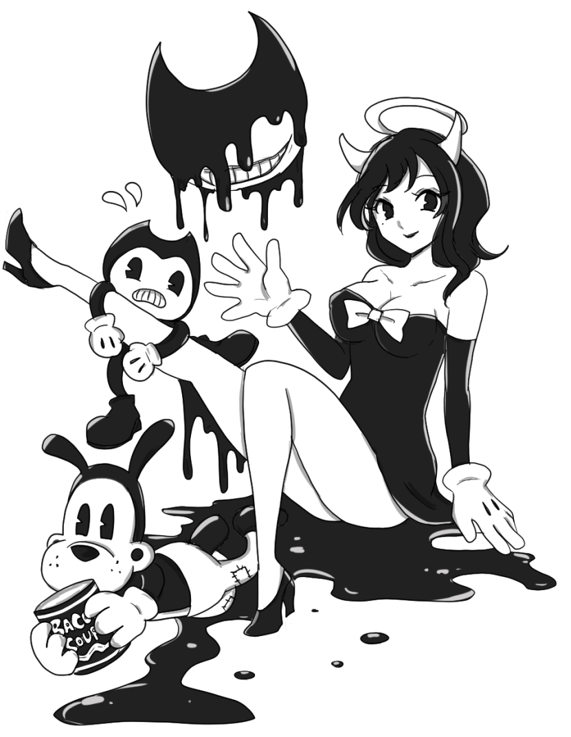 1girl 2boys alice_(bendy_and_the_ink_machine) bendy bendy_and_the_ink_machine black_hair black_lips boris_(bendy_and_the_ink_machine) breasts detached_sleeves gloves halo high_heels hip_focus horns legs long_hair multiple_boys