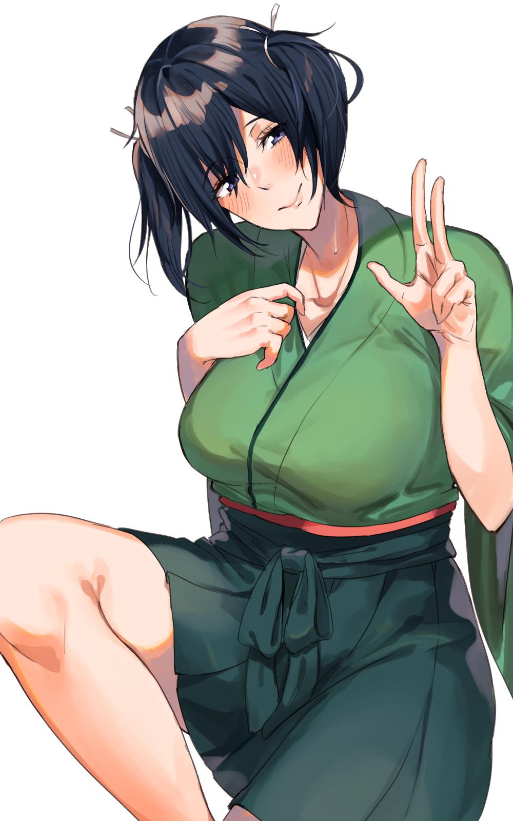 1girl amakaze black_hair blue_eyes blue_skirt blush breasts closed_mouth clothes_tug collarbone green_kimono hakama_skirt highres japanese_clothes kantai_collection kimono large_breasts leg_up looking_at_viewer medium_hair oekaki pleated_skirt simple_background skirt smile solo souryuu_(kantai_collection) twintails upper_body v white_background wide_sleeves