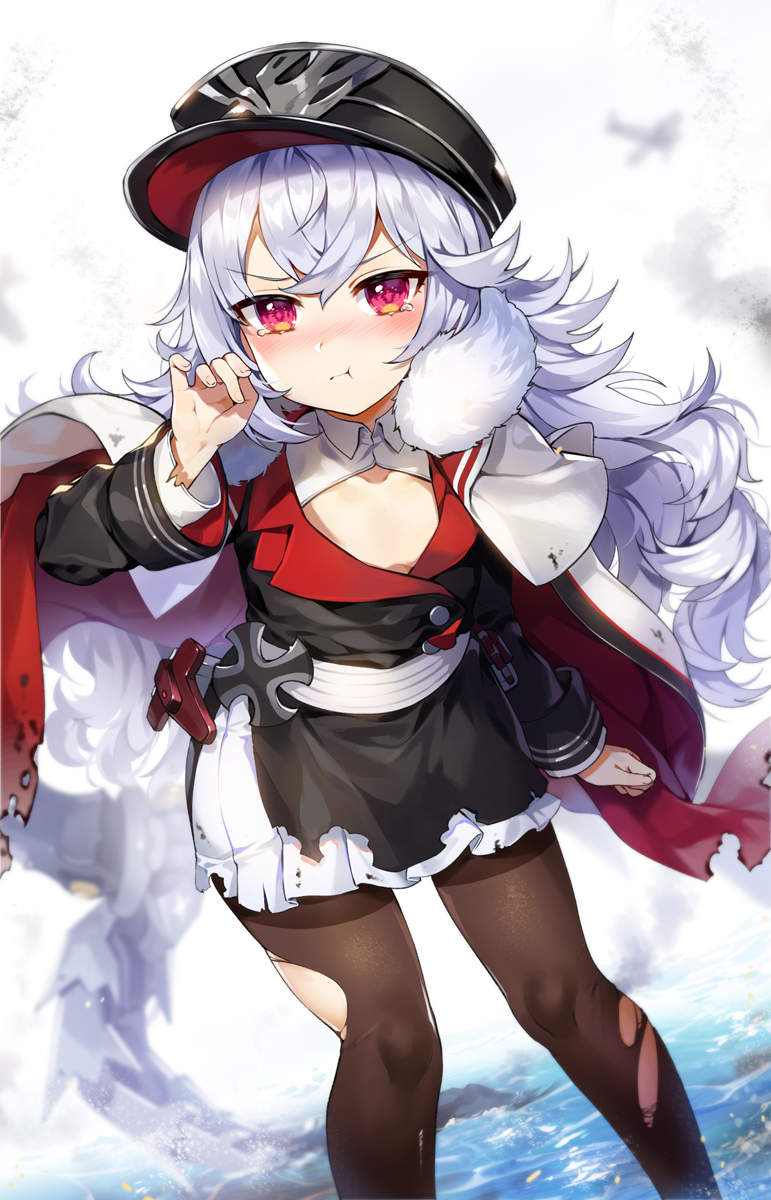 1girl azur_lane bangs black_headwear black_legwear blush cape coat collarbone commentary_request crossed_bangs eyebrows_visible_through_hair flat_chest fur-trimmed_coat fur_trim gijang hair_between_eyes hand_on_own_face hand_up hat highres iron_cross long_hair long_sleeves looking_at_viewer messy_hair military_hat nose_blush outdoors pantyhose peaked_cap pleated_skirt pout red_eyes rigging sidelocks silver_hair skirt solo standing tears thighband_pantyhose torn_clothes torn_legwear tsurime v-shaped_eyebrows very_long_hair water white_skirt zeppelin-chan_(azur_lane)