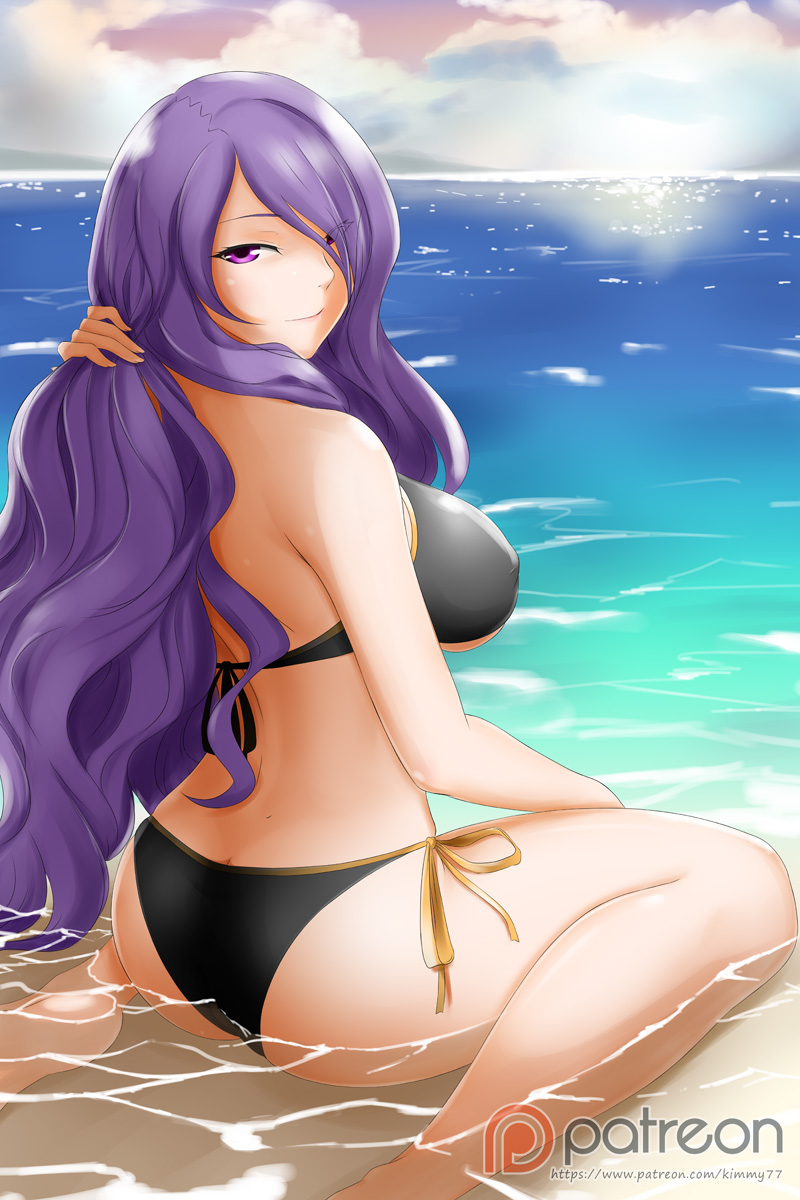 1girl alfred_cullado ass bikini black_bikini black_ribbon breasts butt_crack camilla_(fire_emblem_if) cloud day erect_nipples eyebrows_visible_through_hair eyes_visible_through_hair fire_emblem fire_emblem_if hair_over_one_eye hand_in_hair highres large_breasts long_hair looking_at_viewer looking_back nintendo ocean outdoors patreon_logo purple_hair ribbon side-tie_bikini sideboob sitting smile solo swimsuit underboob very_long_hair wariza water watermark yellow_ribbon