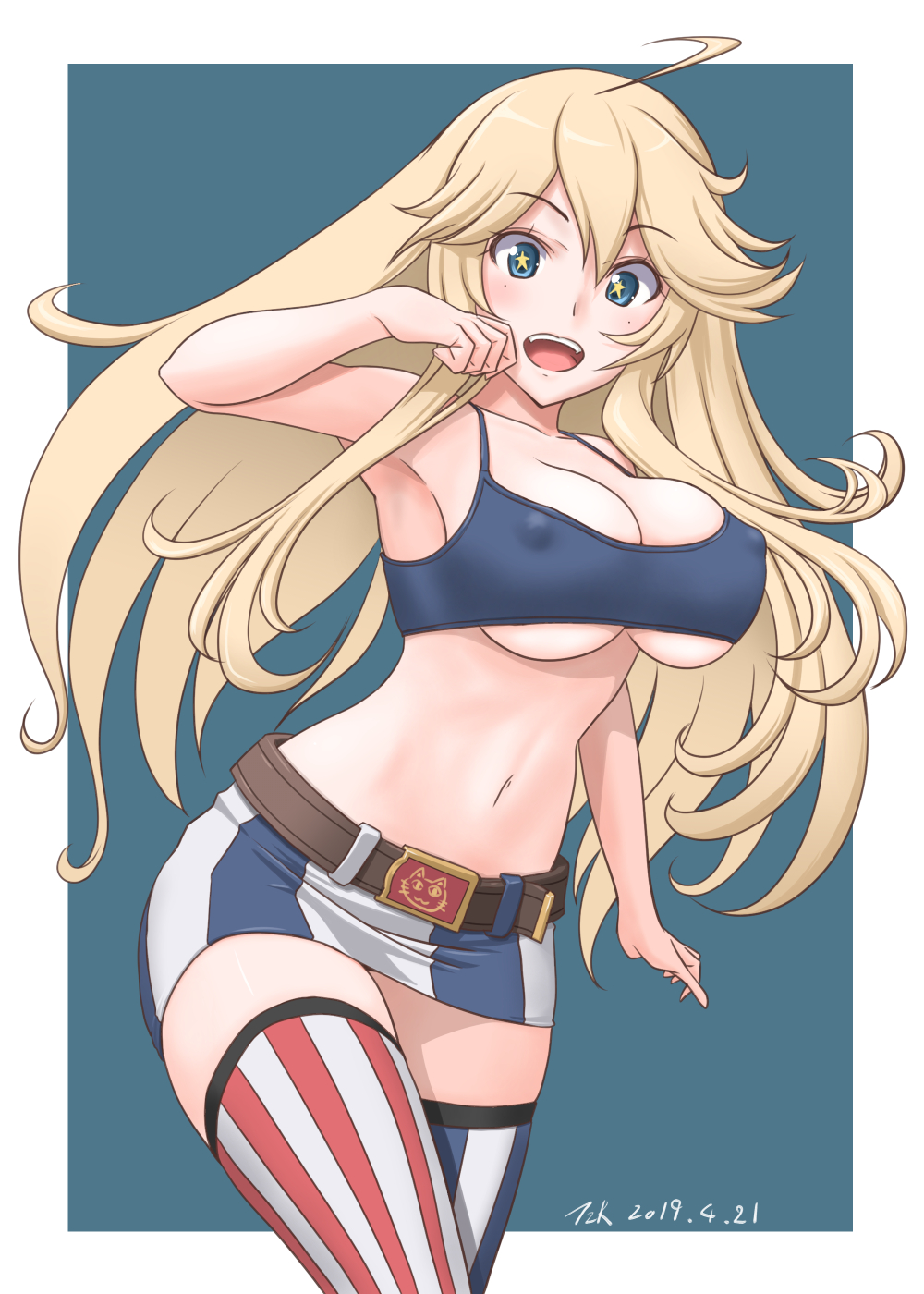 1girl american_flag american_flag_legwear animal_print belt blonde_hair blue_background blue_eyes breasts brown_belt erect_nipples eyebrows_visible_through_hair flag_print hair_between_eyes highres iowa_(kantai_collection) kantai_collection large_breasts looking_at_viewer miniskirt mismatched_legwear open_mouth simple_background skirt solo star star-shaped_pupils striped striped_legwear symbol-shaped_pupils t2r thighhighs vertical-striped_legwear vertical_stripes white_background