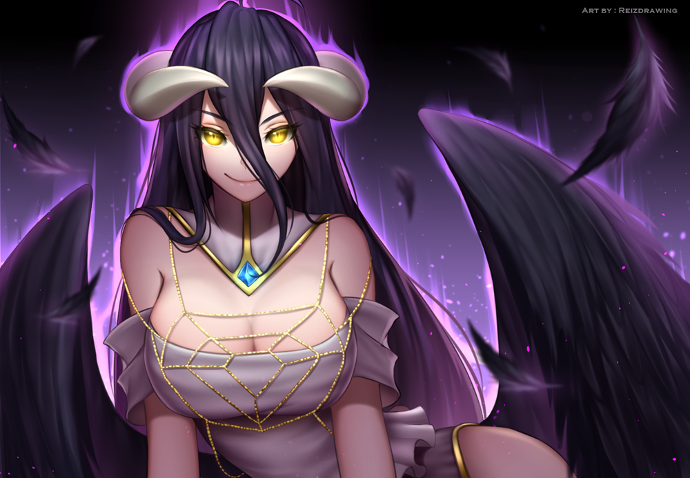 1girl ahoge albedo artist_name bare_shoulders black_hair black_wings breasts cleavage commentary demon_girl demon_horns demon_wings dress english_commentary feathered_wings gloves hair_between_eyes horns large_breasts long_hair looking_at_viewer overlord_(maruyama) reizdrawing slit_pupils smile solo white_dress white_gloves wings yellow_eyes