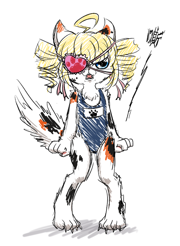 angry anthro chest_tuft claws clothing domestic_cat drill e1ectronicchimera eye_patch eyewear felid feline felis female flat_chested fur hair mammal one-piece_swimsuit simple_background sketch solo swimwear toe_claws tuft