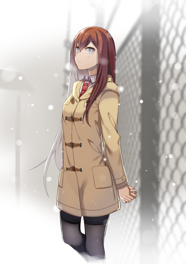 1girl arms_behind_back black_legwear blurry blurry_background breasts breath brown_coat brown_hair chain-link_fence coat collared_shirt cowboy_shot eyebrows fence hands_together hooded_coat long_hair long_sleeves looking_at_viewer makise_kurisu namari necktie outdoors pantyhose red_neckwear shirt silver_eyes small_breasts snow solo steins;gate straight_hair white_shirt