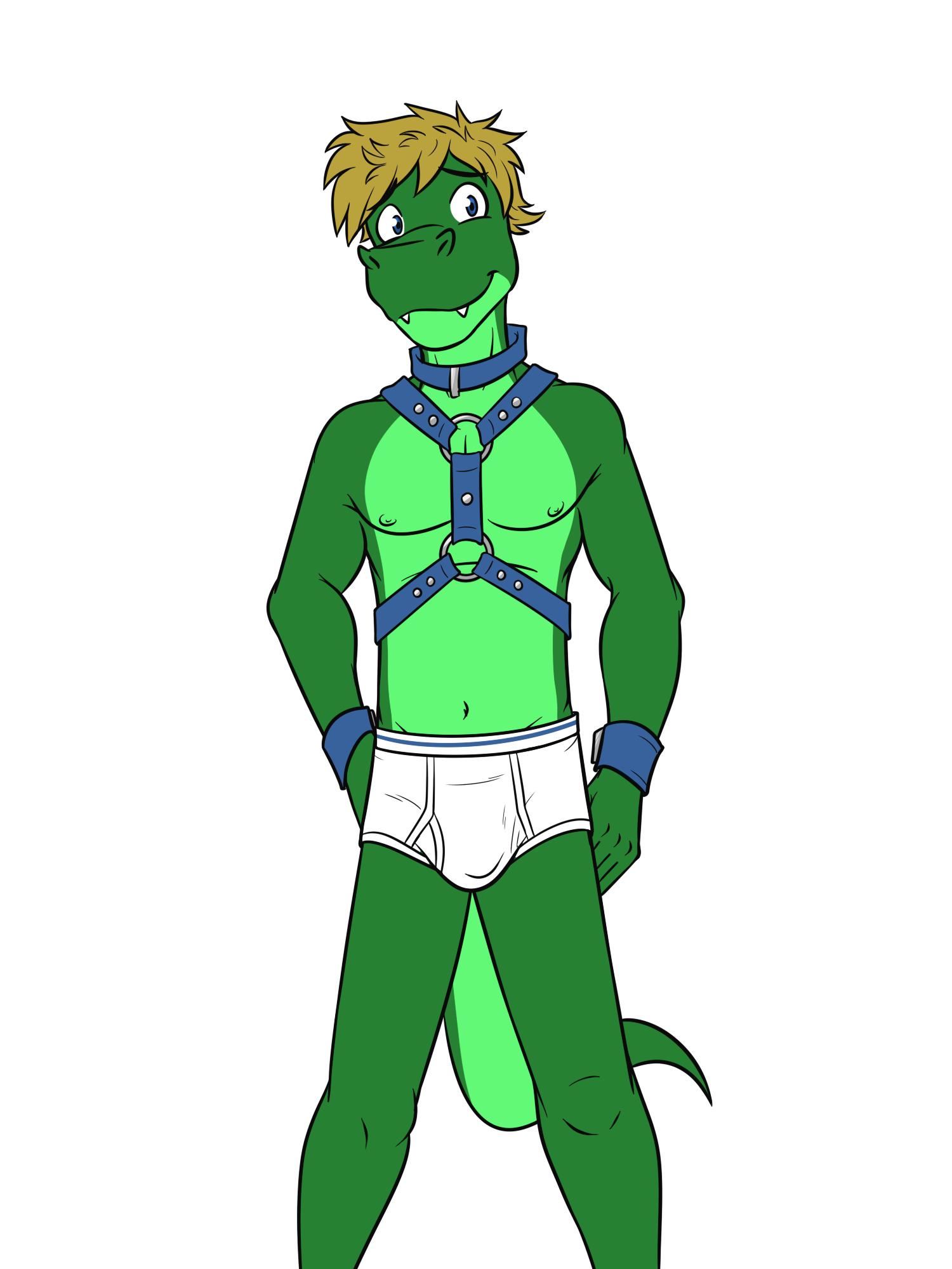 alligator alligatorid anthro briefs bulge clothed clothing collar crocodilian dignity_or_debt fuze harness hi_res male navel nipples reptile scalie simple_background solo topless underwear white_background