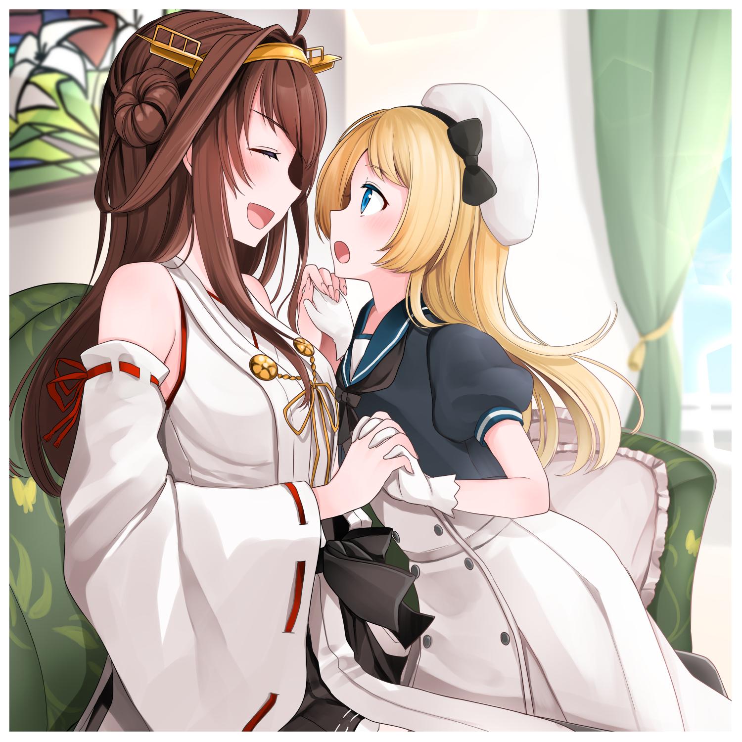 ahoge bare_shoulders blonde_hair blue_eyes blue_sailor_collar blue_sky blush breasts brown_hair couch curtains day detached_sleeves double_bun dress eyebrows_visible_through_hair eyes_closed gloves hairband hand_holding hat headgear highres indoors japanese_clothes jervis_(kantai_collection) kantai_collection kongou_(kantai_collection) long_hair multiple_girls nontraditional_miko open_mouth sailor_collar sailor_dress sailor_hat short_sleeves sitting sky smile white_dress white_gloves white_headwear window yunamaro