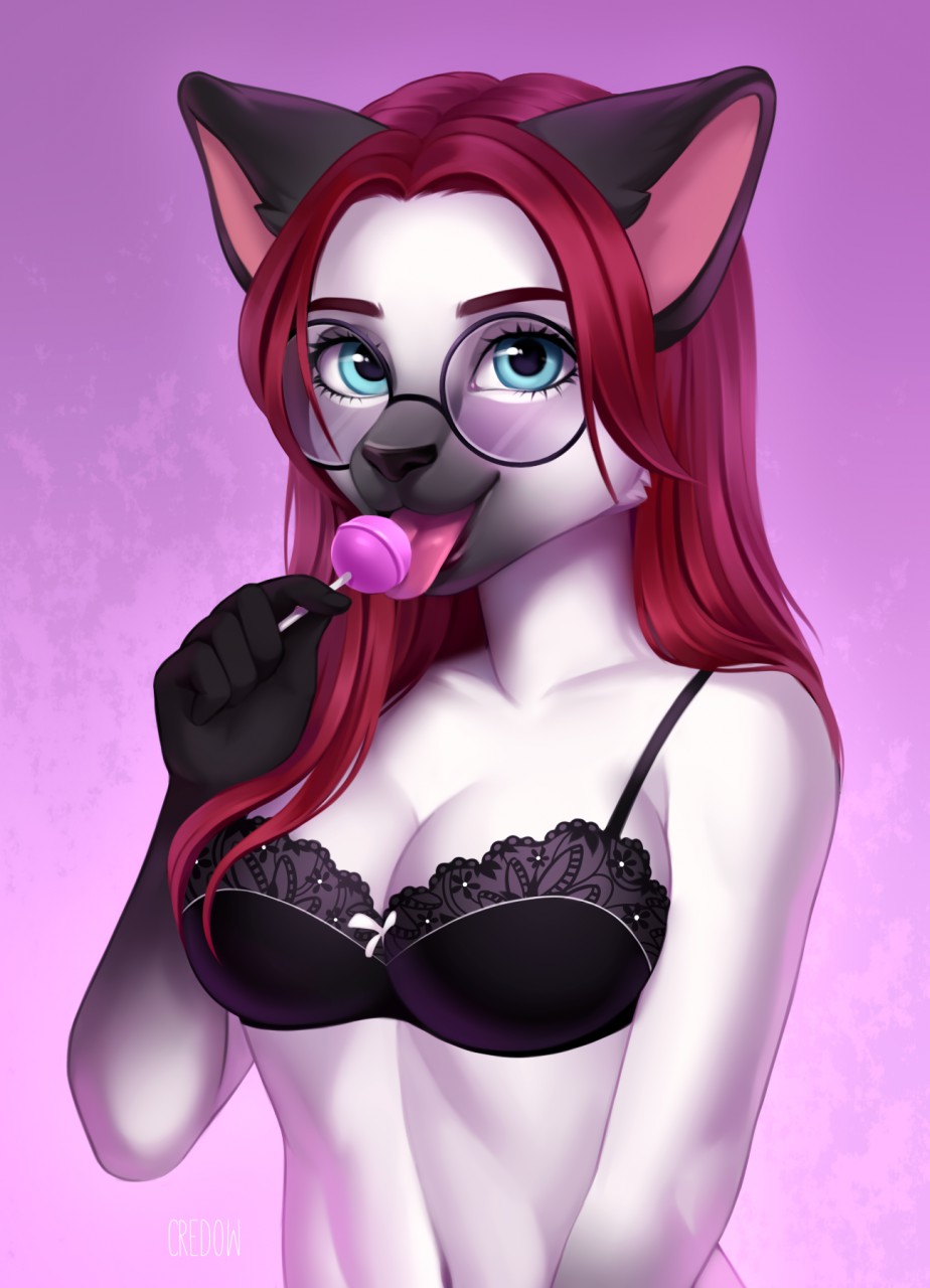 2019 anthro bare_shoulders breasts bust_portrait candy cleavage clothed clothing credow domestic_cat eyewear felid feline felis female food fur glasses hair hi_res lingerie lollipop looking_at_viewer mammal multicolored_fur naomi_d'ambrosio portrait red_hair siamese solo two_tone_fur