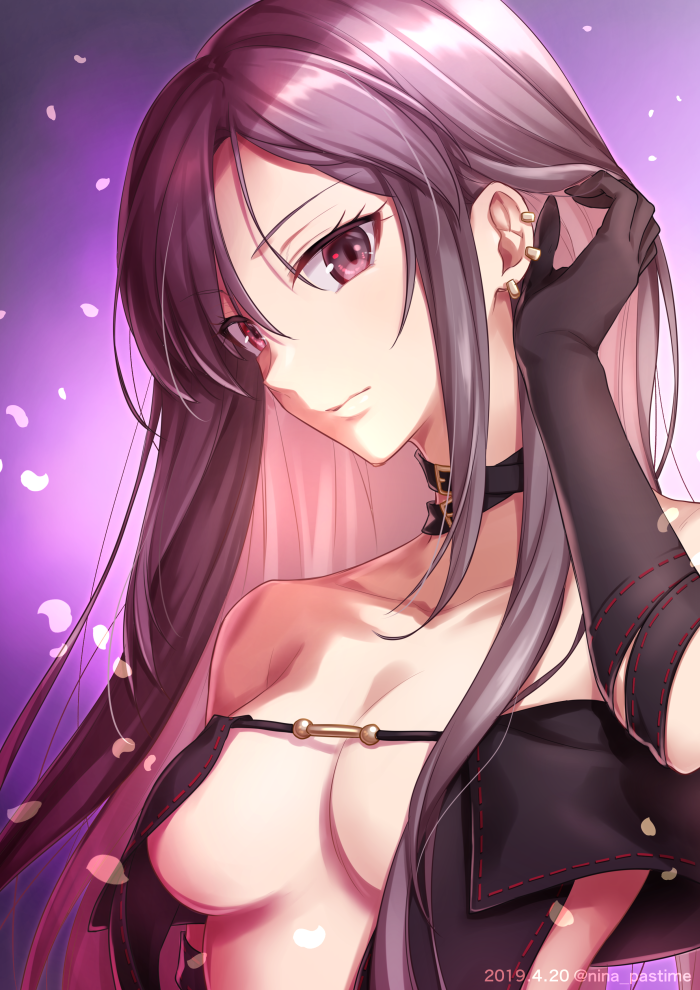 1girl adjusting_hair bangs bare_shoulders black_choker black_dress breasts brown_eyes brown_hair center_opening choker cleavage closed_mouth collarbone commentary_request consort_yu_(fate) dress ear_piercing earrings fate/grand_order fate_(series) jewelry long_hair looking_at_viewer medium_breasts multiple_earrings nina_(pastime) piercing pinstripe_pattern purple_background revealing_clothes ribbon-trimmed_dress solo strapless strapless_dress striped upper_body very_long_hair