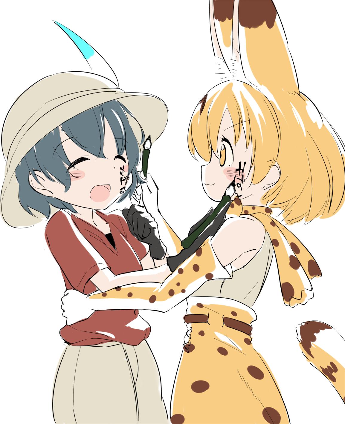 2girls :3 :d ^_^ animal_ears bare_shoulders black_gloves black_hair blonde_hair blush body_writing closed_eyes elbow_gloves extra_ears eyebrows_visible_through_hair eyes_closed face_painting facing_another gloves hand_on_another's_waist hat hat_feather highres hiyama_yuki kaban_(kemono_friends) kemono_friends looking_at_another multiple_girls open_mouth paintbrush print_gloves print_neckwear print_skirt red_shirt serval_(kemono_friends) serval_ears serval_print serval_tail shirt short_hair short_sleeves shorts simple_background skirt sleeveless sleeveless_shirt smile tail white_background white_headwear white_shirt white_shorts yellow_eyes