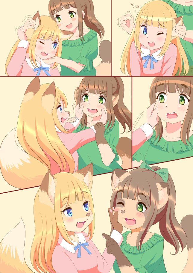 2019 annoyed anthro blonde_hair blue_eyes blush breasts brown_hair canid canine cheek_pinch clothed clothing comic cute_fangs duo ear_rub female fox green_eyes hair happy human human_to_anthro long_hair mammal one_eye_closed open_mouth raccoon_dog ribbons roina simple_background smile surprise tanuki transformation