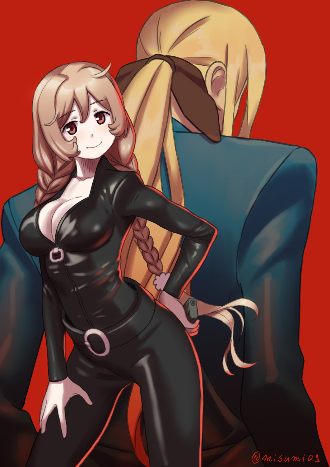 2girls arsene_lupin_iii arsene_lupin_iii_(cosplay) biker_clothes bikesuit blonde_hair blue_jacket braid breasts brown_hair cleavage commentary_request cosplay eyebrows_visible_through_hair highres jacket kantai_collection large_breasts light_brown_hair long_hair looking_at_viewer lupin_iii mine_fujiko mine_fujiko_(cosplay) minegumo_(kantai_collection) misumi_(niku-kyu) multiple_girls ponytail red_background red_eyes richelieu_(kantai_collection) simple_background twin_braids twitter_username