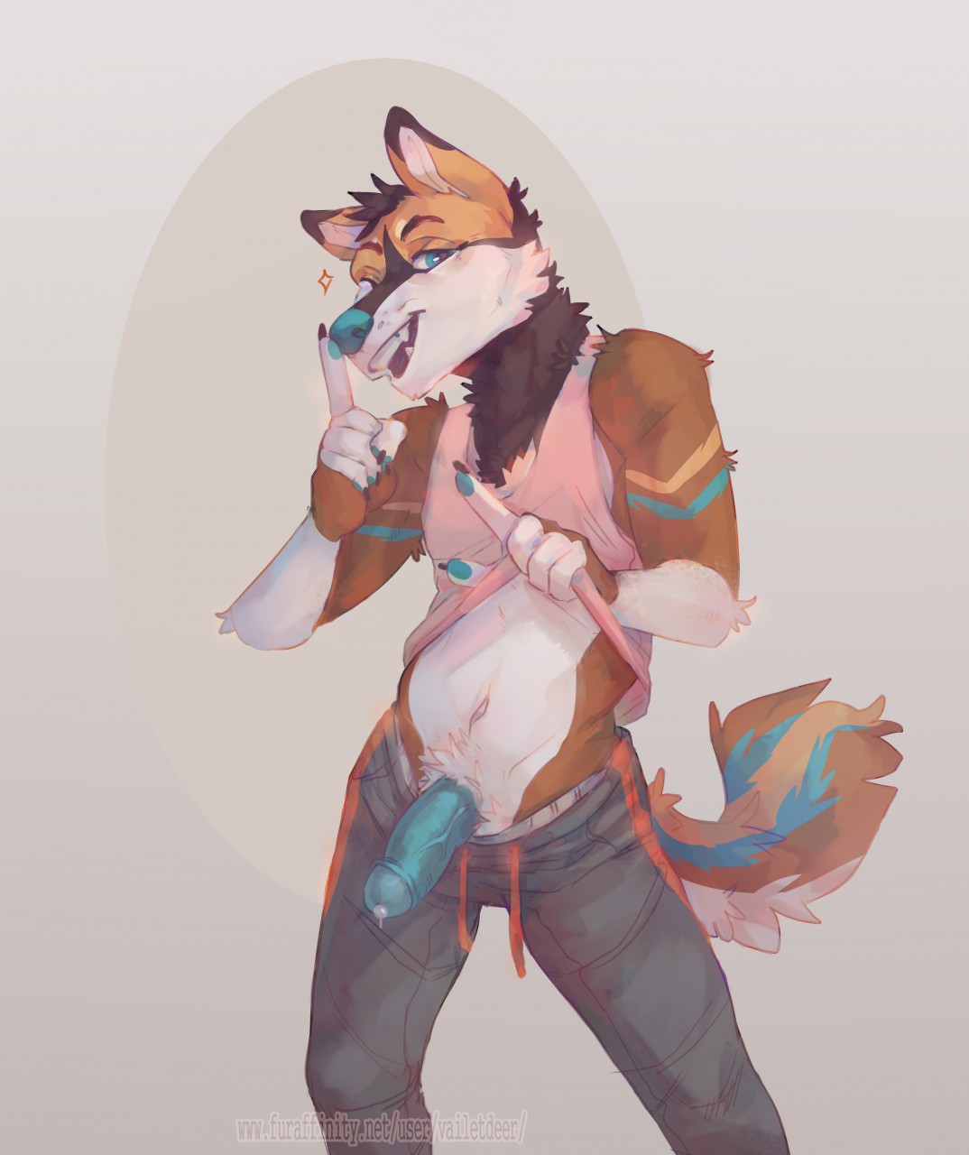 anthro blue_eyes canid canine canis clothing dam_(somewolfy) hi_res humanoid_penis male mammal penis precum vailet_deer wolf