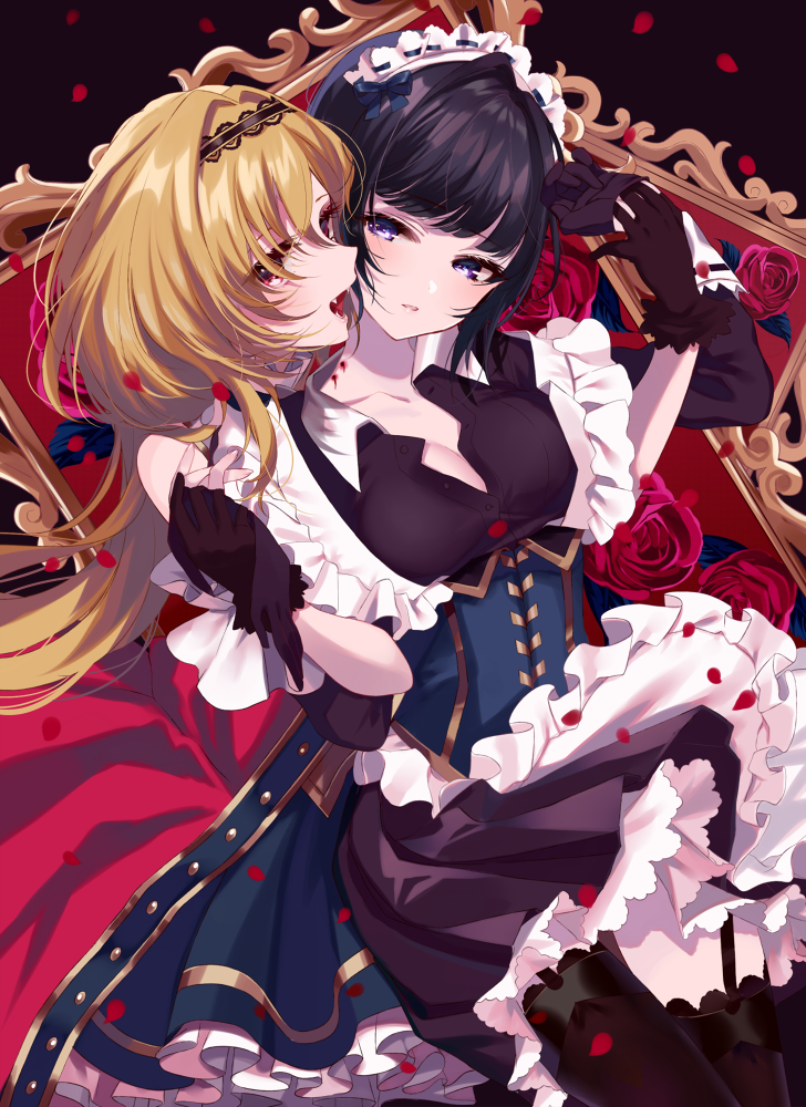 2girls apron bangs black_background black_dress black_hair black_hairband black_legwear blonde_hair blood blue_bow blue_dress blush bow breasts brown_gloves cape commentary_request dress eyebrows_visible_through_hair fangs flower frilled_apron frills garter_straps gloves hair_between_eyes hair_bow hairband head_tilt idolmaster idolmaster_cinderella_girls kurosaki_chitose long_hair long_sleeves maid_headdress medium_breasts misumi_(macaroni) multiple_girls petals pleated_dress purple_eyes red_cape red_eyes red_flower red_rose ribbon_trim rose shirayuki_chiyo thighhighs vampire very_long_hair waist_apron white_apron