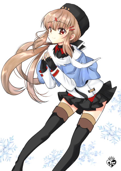 1girl anchor_necklace artist_logo black_bow black_footwear black_gloves black_headwear black_skirt blue_shawl boots bow brown_hair brown_legwear chize fingerless_gloves gloves hair_bow jacket kantai_collection long_hair looking_at_viewer low_twintails pantyhose papakha red_eyes ribbon_trim scarf shawl skirt smile solo star tashkent_(kantai_collection) thigh_boots thighhighs torn_scarf twintails white_background white_jacket white_scarf