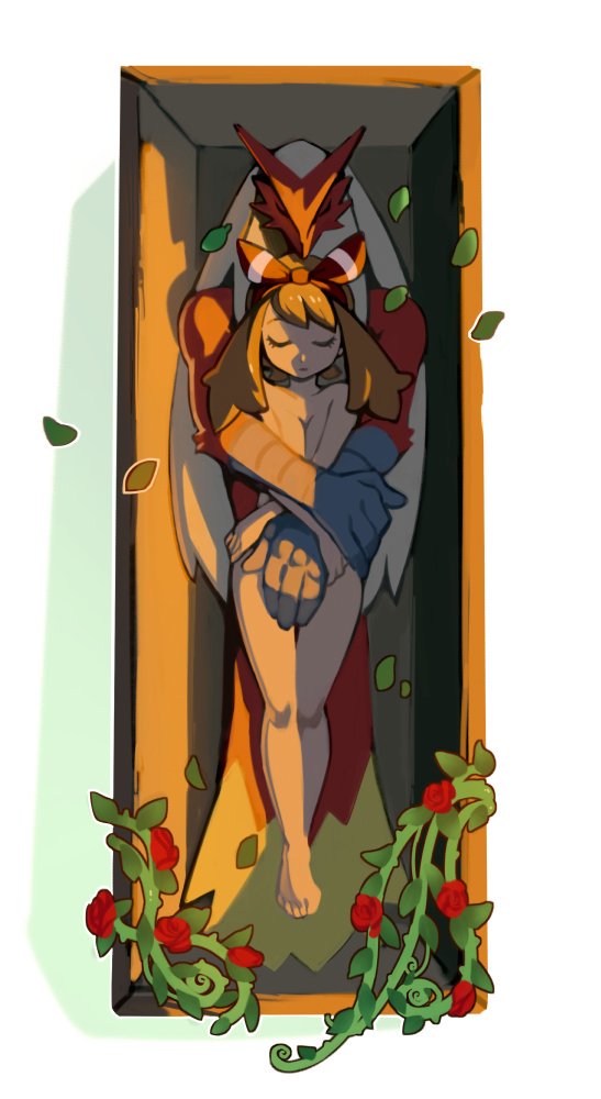 ambiguous_gender anthro bandanna blaziken covering covering_crotch crate duo embrace eyes_closed female female/ambiguous flower full-length_portrait hug hugging_from_behind human larger_male leaf lying male mammal may_(pok&eacute;mon) mostly_nude nintendo plant pok&eacute;mon pok&eacute;mon_(species) portrait requiemdusk rose_(flower) scuted_arms scutes shadow simple_background size_difference smaller_female thorn video_games vines