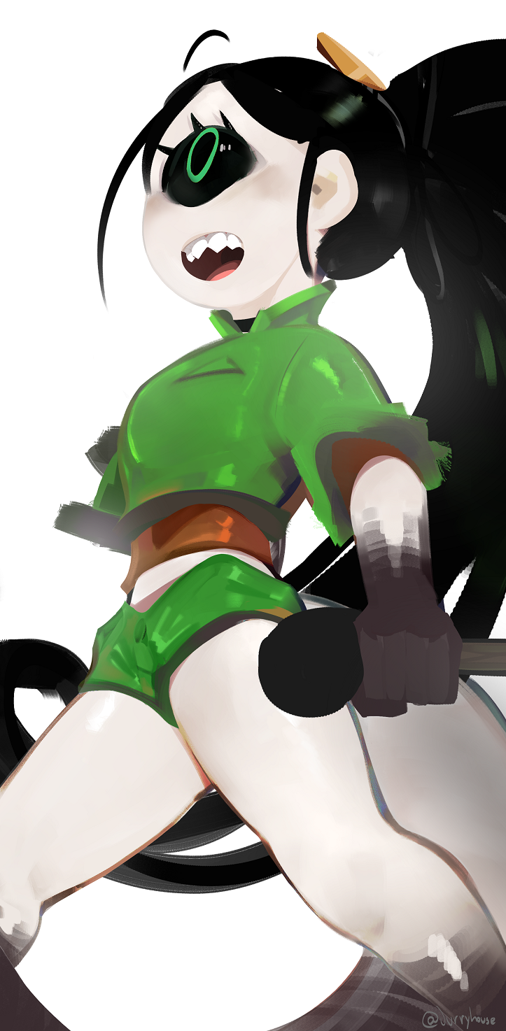 1_eye ata_(anaid) big_eyes big_tail biped black_hair black_sclera black_skin clothed clothing cyclops dark_skin fully_clothed gloves_(marking) green_clothing green_eyes hair hair_ornament hi_res holding_object humanoid humanoid_hands jurry light_skin long_hair long_tail longtailclops mammal markings microphone monster_girl_(genre) multicolored_skin noseless open_mouth pale_skin ponytail sharp_teeth side_view simple_background standing tailclops_(species) teeth two_tone_skin two_tone_tail walking white_background white_skin