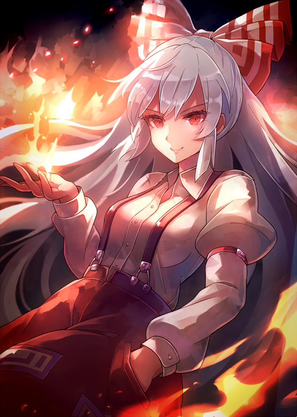 &gt;:) 1girl 60mai bangs black_background bow breasts commentary_request cowboy_shot fire fujiwara_no_mokou hair_bow hand_in_pocket hand_up juliet_sleeves long_hair long_sleeves looking_at_viewer medium_breasts ofuda pants puffy_sleeves red_eyes red_pants shirt sidelocks silver_hair smile solo suspenders touhou v-shaped_eyebrows very_long_hair white_bow white_shirt wing_collar