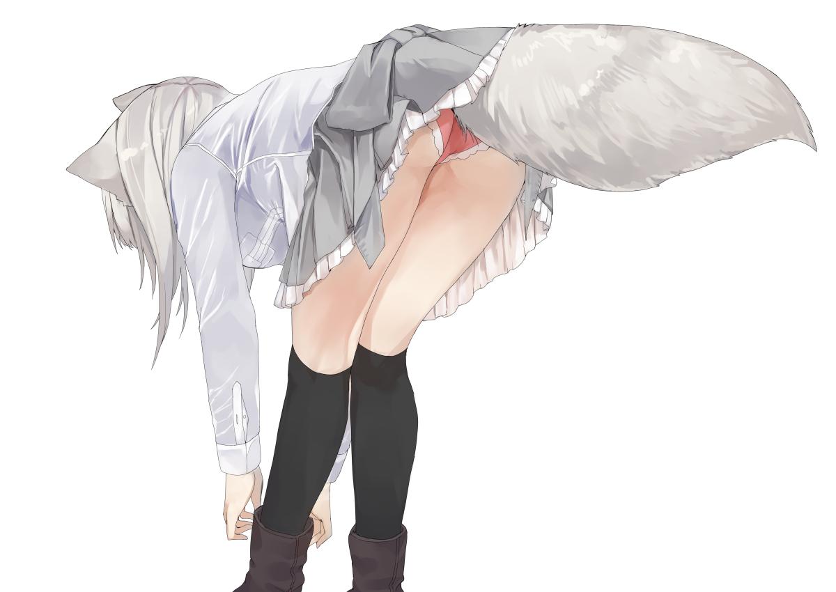 1girl animal_ears bent_over black_legwear boots commentary fox_ears fox_tail frilled_skirt frills from_behind grey_skirt kneehighs long_hair long_sleeves original panties pleated_skirt red_panties shirt simple_background skirt tail underwear waichi white_background white_shirt