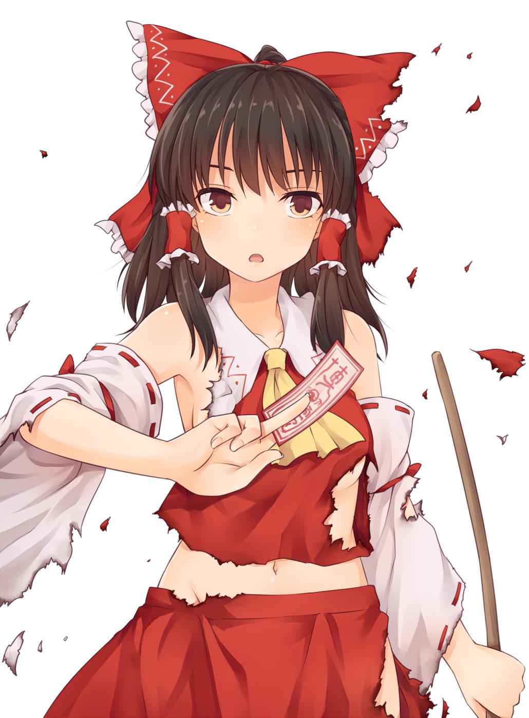 1girl ascot bangs bare_shoulders black_hair bow breasts brown_eyes collarbone commentary_request cowboy_shot detached_sleeves frilled_bow frills gohei groin hair_bow hair_tubes hakurei_reimu highres holding long_hair long_sleeves looking_at_viewer medium_breasts midriff miyo_(ranthath) navel ofuda open_mouth red_bow red_skirt ribbon-trimmed_sleeves ribbon_trim sidelocks simple_background skirt skirt_set solo standing stomach torn_clothes torn_skirt torn_sleeves touhou white_background wide_sleeves yellow_neckwear