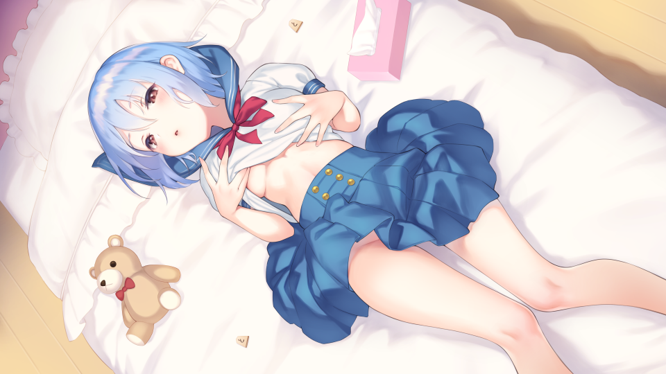 1girl bangs bare_legs bed_sheet blue_eyes blue_sailor_collar blue_skirt breasts brown_eyes commentary_request dutch_angle eyebrows_visible_through_hair frilled_pillow frills lifted_by_self mimikaki neck_ribbon official_art on_bed original parted_lips pillow pokachu puffy_short_sleeves puffy_sleeves red_neckwear red_ribbon ribbon sailor_collar school_uniform serafuku shirt shirt_lift short_sleeves skirt sleeve_cuffs small_breasts solo stuffed_animal stuffed_toy teddy_bear tissue_box white_pillow white_shirt