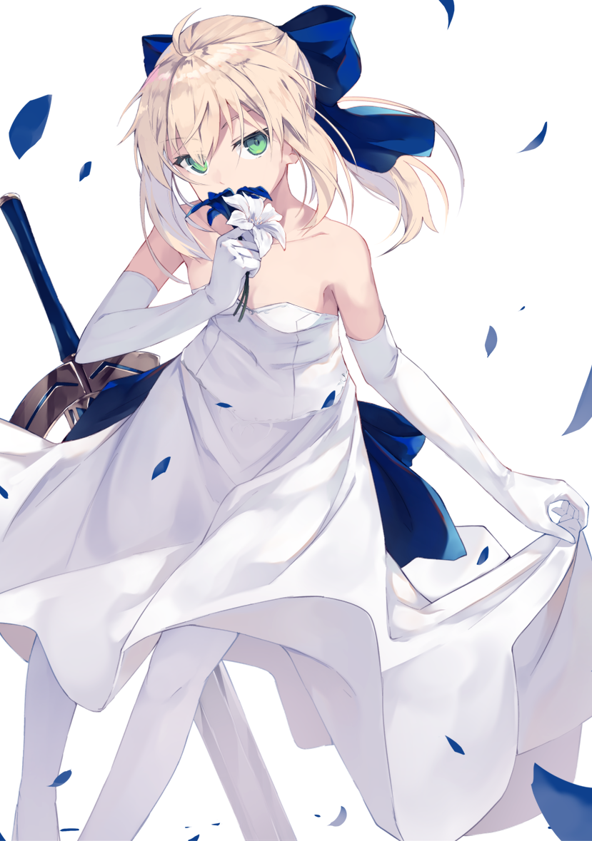 1girl ahoge artoria_pendragon_(all) bangs blonde_hair blue_bow bow collarbone covering_mouth dress elbow_gloves excalibur eyebrows_visible_through_hair fate/grand_order fate/stay_night fate_(series) flower gloves green_eyes head_tilt holding looking_at_viewer medium_hair nagishiro_mito saber short_hair solo strapless strapless_dress sword weapon white_background white_dress white_legwear