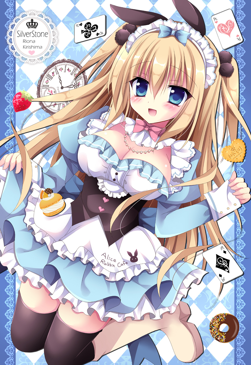 1girl :d alice_(wonderland) alice_in_wonderland animal_ears argyle argyle_background artist_name bangs black_legwear blonde_hair blue_bow blue_dress blue_eyes blush boots bow breasts brown_footwear bunny_ears card cleavage club_(shape) commentary_request diamond_(shape) doughnut dress eyebrows_visible_through_hair food frilled_dress frills fruit hair_between_eyes hair_bow heart highres juliet_sleeves kirishima_riona knee_boots long_hair long_sleeves medium_breasts open_mouth pinching_sleeves pink_bow playing_card pleated_dress pocket_watch puffy_sleeves roman_numerals skirt_hold sleeves_past_wrists smile solo strawberry thighhighs thighhighs_under_boots two_side_up underbust very_long_hair watch