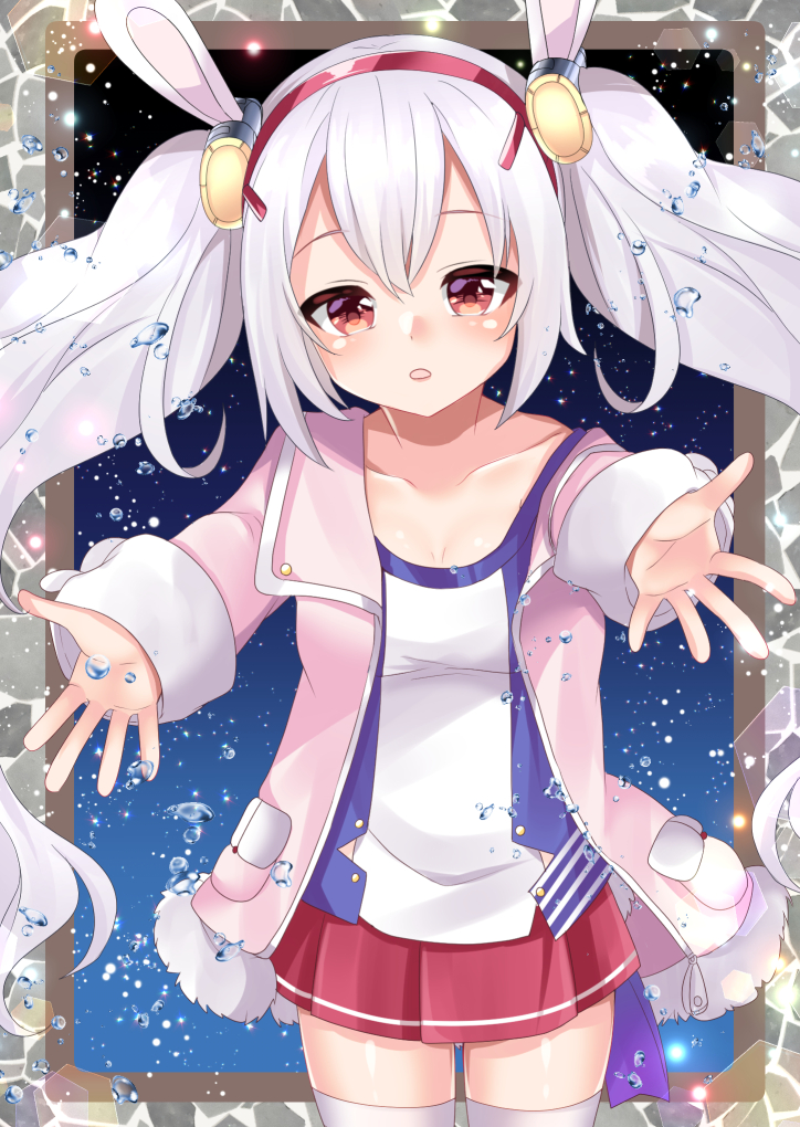 1girl animal_ears azur_lane bangs blush breasts bunny_ears camisole collarbone commentary_request cowboy_shot eyebrows_visible_through_hair fur-trimmed_jacket fur_trim hair_between_eyes hair_ornament hairband jacket laffey_(azur_lane) long_hair long_sleeves looking_at_viewer misaki_(misaki86) open_clothes open_jacket outstretched_arms parted_lips pink_jacket pleated_skirt red_eyes red_hairband red_skirt sidelocks silver_hair skirt sleeves_past_wrists small_breasts solo thighhighs twintails very_long_hair water_drop white_camisole white_legwear