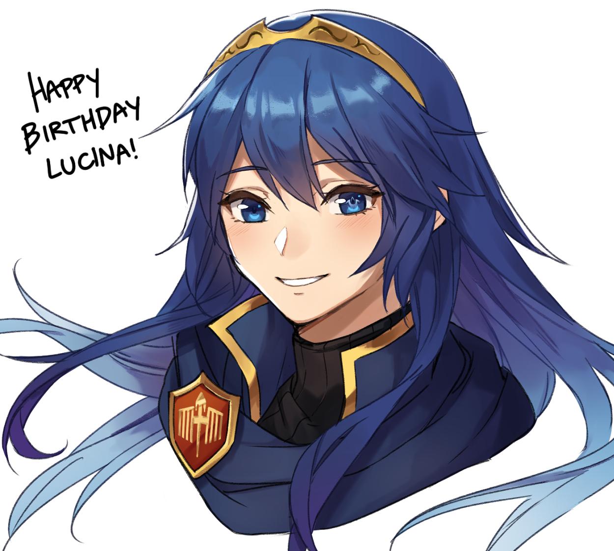 1girl blue_eyes blue_hair blue_scarf blush commentary emblem english_commentary eyebrows_visible_through_hair fire_emblem fire_emblem:_kakusei fire_emblem_heroes happy_birthday high_collar kamu_(kamuuei) long_hair looking_at_viewer lucina nintendo ribbed_sweater scarf smile super_smash_bros. sweater tiara