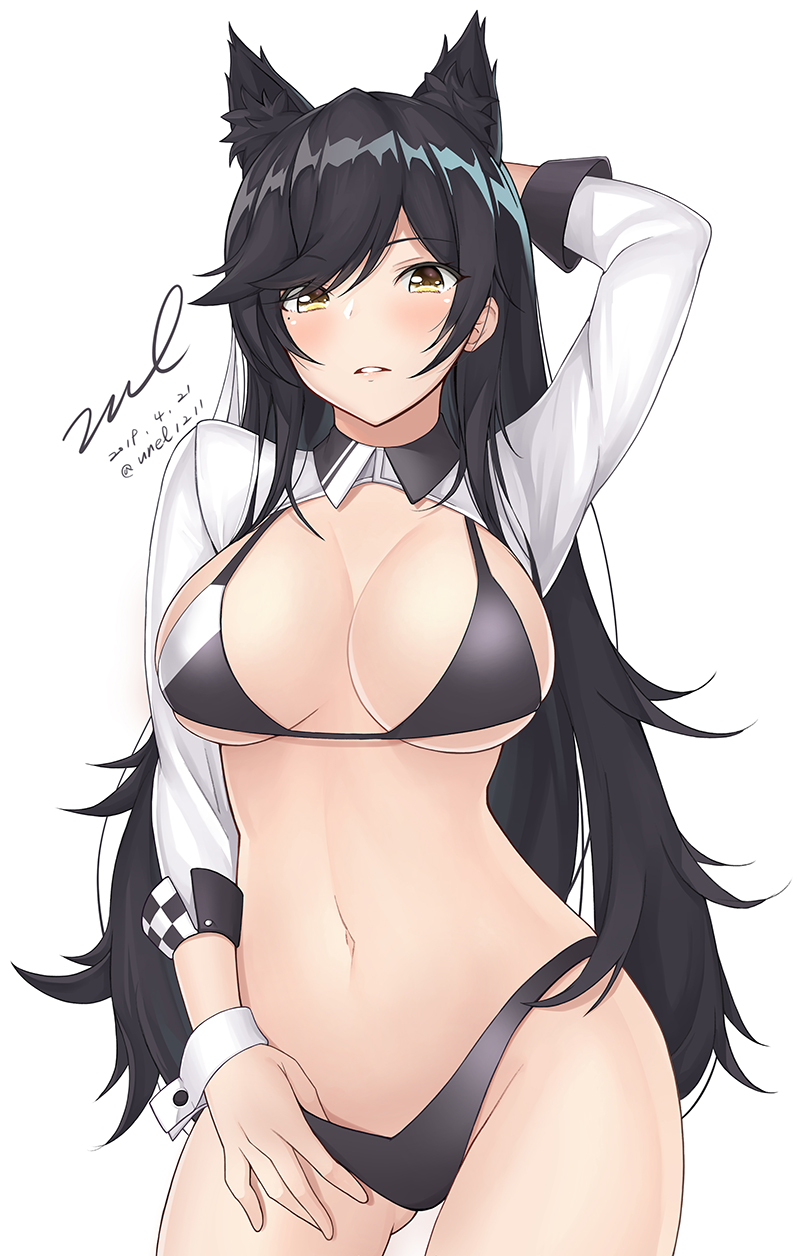1girl alternate_costume animal_ear_fluff animal_ears arm_up atago_(azur_lane) azur_lane bangs bikini black_bikini black_hair black_legwear blush breasts brown_eyes cleavage cowboy_shot dated extra_ears gluteal_fold groin hair_ribbon hand_behind_head highleg highleg_bikini highres large_breasts long_hair long_sleeves looking_at_viewer mole mole_under_eye navel parted_lips race_queen ribbon shrug_(clothing) sidelocks signature simple_background sleeves_folded_up solo standing stomach swept_bangs swimsuit thighhighs thighs twitter_username unel very_long_hair white_background white_ribbon wing_collar wrist_cuffs