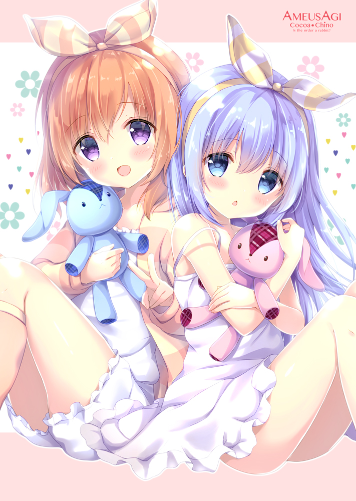2girls :d amedamacon bangs bare_arms bare_shoulders blue_eyes blue_hair blush brown_hair brown_hairband brown_jacket brown_legwear character_name chestnut_mouth commentary_request copyright_name dress eyebrows_visible_through_hair frilled_dress frills gochuumon_wa_usagi_desu_ka? hair_between_eyes hair_ribbon hairband hoto_cocoa jacket kafuu_chino kneehighs knees_up long_hair multiple_girls object_hug open_clothes open_jacket open_mouth parted_lips purple_eyes ribbon sitting sleeveless sleeveless_dress smile strap_slip striped striped_ribbon stuffed_animal stuffed_bunny stuffed_toy very_long_hair white_dress yellow_hairband