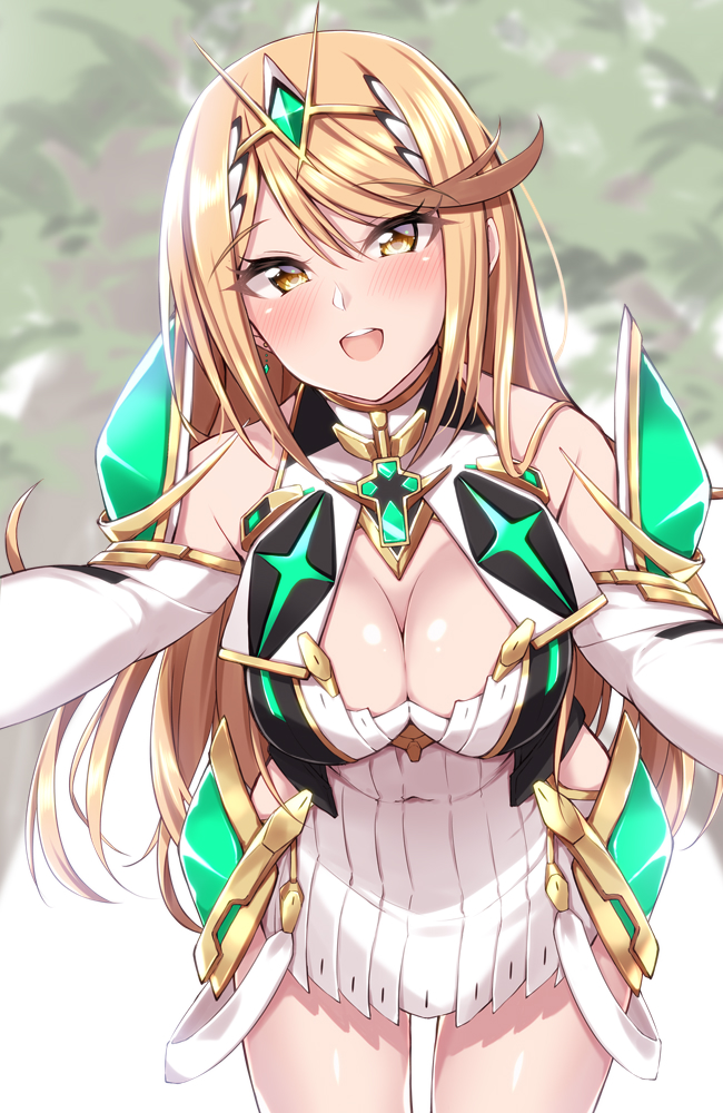1girl bangs blonde_hair blush breasts cleavage cleavage_cutout dress earrings eyebrows_visible_through_hair gem hair_ornament hikari_(xenoblade_2) jewelry jiino large_breasts long_hair navel nintendo open_mouth outstretched_arms shoulder_armor sidelocks smile solo strap strapless strapless_dress swept_bangs thighs tiara turtleneck very_long_hair white_dress xenoblade_(series) xenoblade_2 yellow_eyes