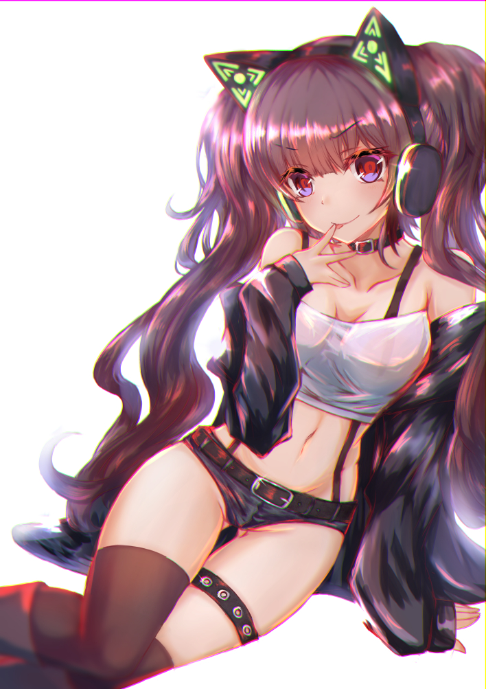 1girl :p animal_ears arm_support bandeau bangs bare_shoulders belt belt_buckle black_belt black_jacket black_shorts blush breasts brown_hair brown_legwear buckle cat_ear_headphones cat_ears choker closed_mouth collarbone crop_top eyebrows_visible_through_hair fake_animal_ears finger_to_mouth glint gluteal_fold groin habu_rin hair_between_eyes headphones jacket long_hair long_sleeves looking_at_viewer medium_breasts micro_shorts midriff navel off_shoulder open_clothes open_jacket original red_eyes shirt shorts sitting sleeves_past_wrists smile solo suspenders thigh_gap thigh_strap thighhighs tongue tongue_out twintails v-shaped_eyebrows very_long_hair wavy_hair white_shirt yokozuwari