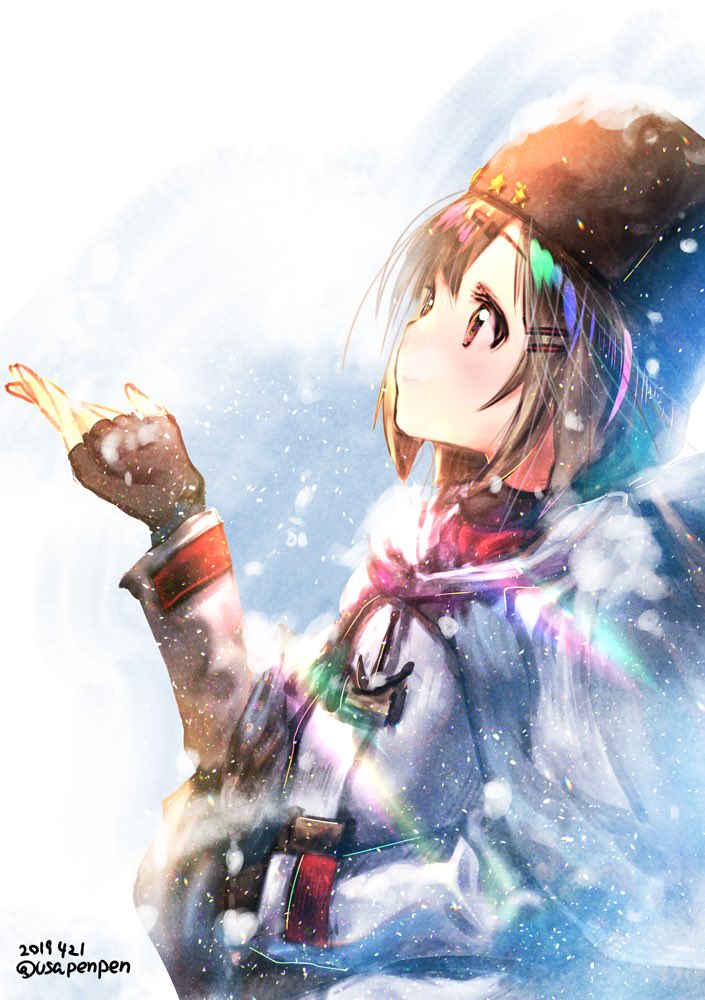 1girl anchor_necklace black_bow black_gloves black_headwear blue_shawl blush bow brown_eyes brown_hair eyebrows_visible_through_hair fingerless_gloves gloves gradient gradient_background hair_between_eyes hair_bow jacket kantai_collection long_hair looking_away low_twintails papakha red_shirt scarf shawl shirt snowflakes snowing solo star tashkent_(kantai_collection) torn_scarf twintails untucked_shirt usapenpen2019 white_jacket white_scarf