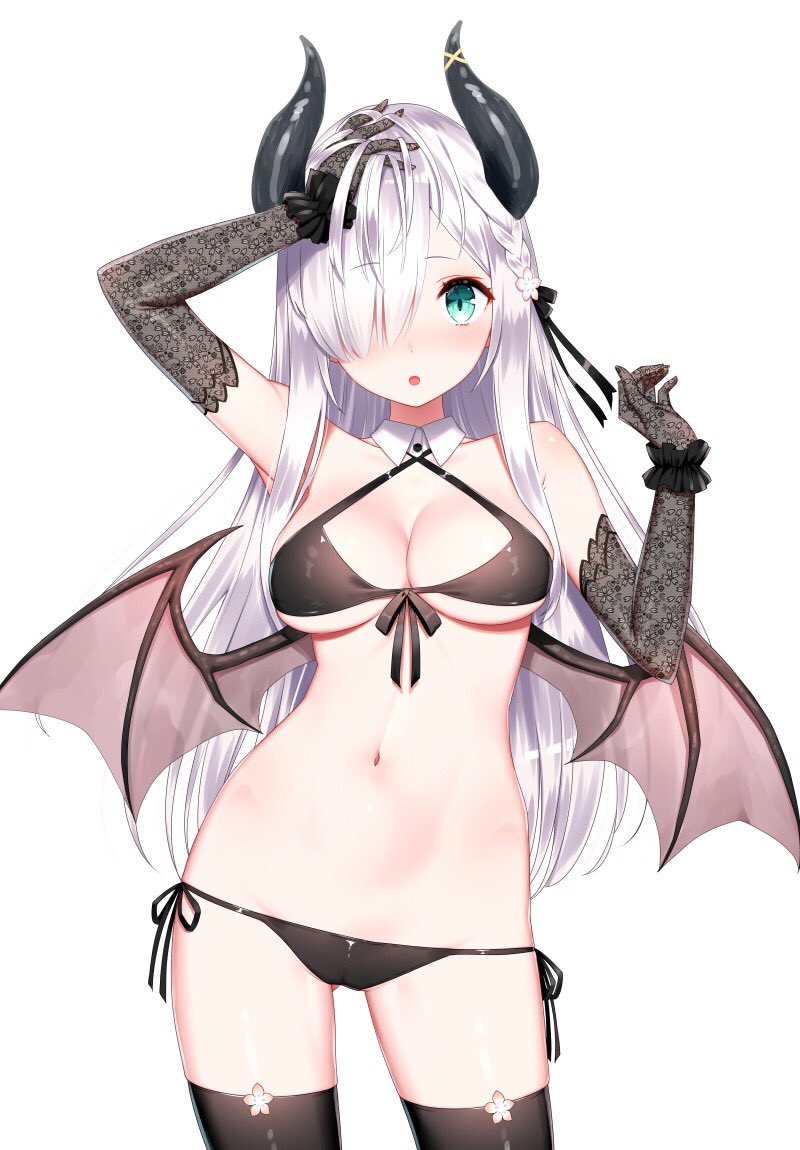 1girl :o aqua_eyes arm_up armpits bangs bare_shoulders bikini black_bikini black_legwear breasts cameltoe cleavage collarbone cowboy_shot criss-cross_halter demon_girl demon_horns demon_wings detached_collar elbow_gloves front-tie_bikini front-tie_top gloves gluteal_fold grey_gloves hair_over_one_eye halterneck hand_up horns kamiki_kinu kinu_channel large_breasts long_hair looking_at_viewer navel parted_lips side-tie_bikini simple_background solo standing stomach swimsuit thighhighs thighs virtual_youtuber white_background white_hair wings yasuyuki