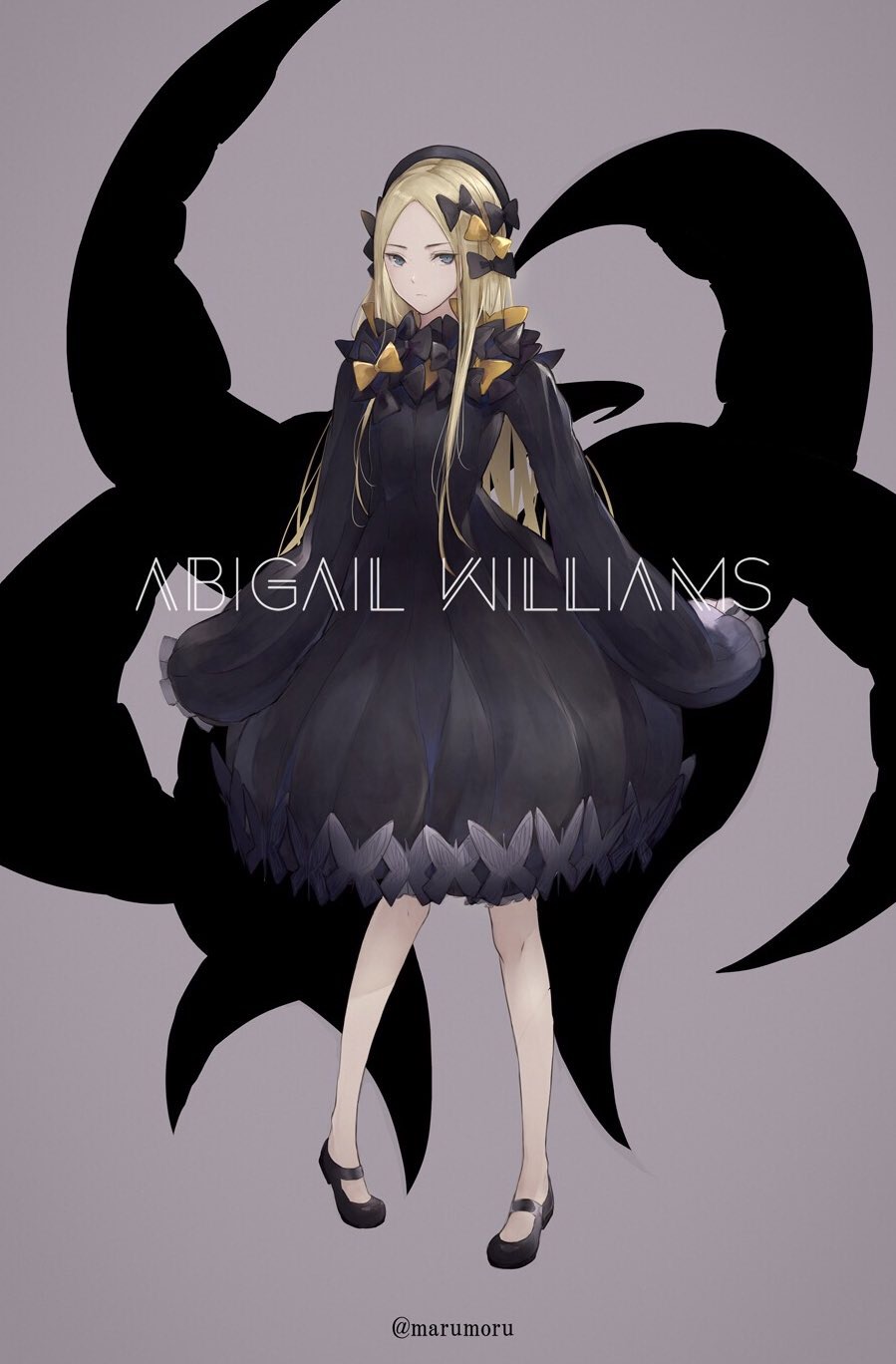 1girl abigail_williams_(fate/grand_order) bangs black_bow black_dress black_footwear black_headwear blonde_hair blue_eyes bow bug butterfly character_name closed_mouth commentary_request dress fate/grand_order fate_(series) forehead full_body grey_background hair_bow hat highres insect long_hair long_sleeves looking_at_viewer marumoru mary_janes orange_bow parted_bangs shoes sleeves_past_fingers sleeves_past_wrists solo twitter_username very_long_hair
