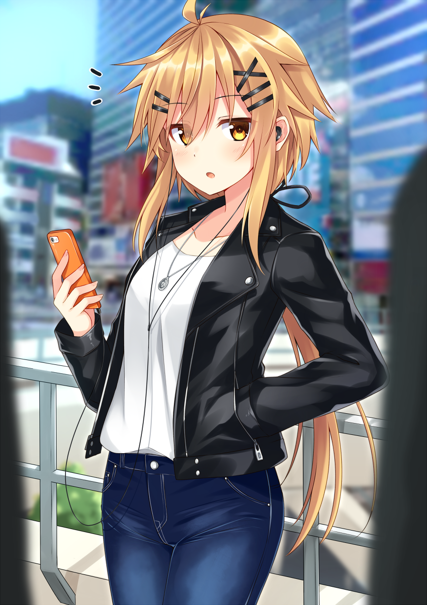 1girl black_jacket blonde_hair breasts cowboy_shot denim earphones eyebrows_visible_through_hair hair_ornament hairclip hand_in_pocket highres holding holding_phone jacket jeans komori_kuzuyu leather leather_jacket long_hair looking_at_viewer low_ponytail medium_breasts original pants phone shirt solo very_long_hair white_shirt yellow_eyes