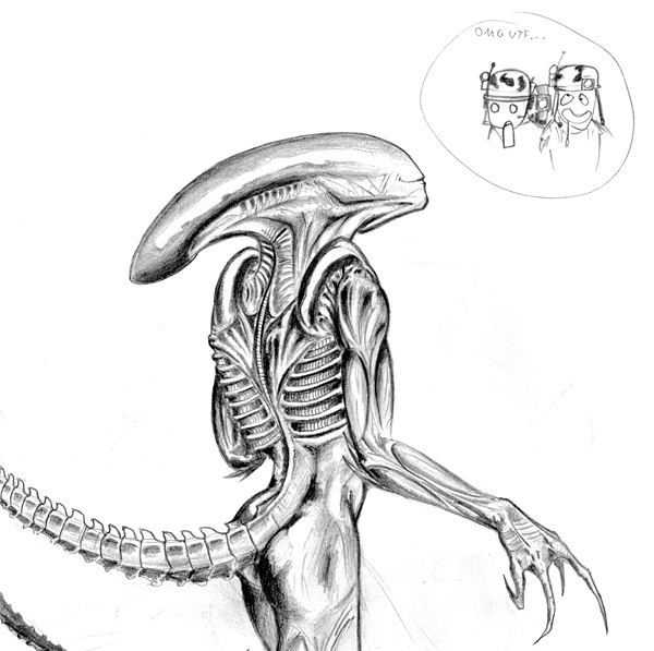 2006 alien alien_(franchise) butt madzee monochrome simple_background traditional_media_(artwork) white_background xenomorph