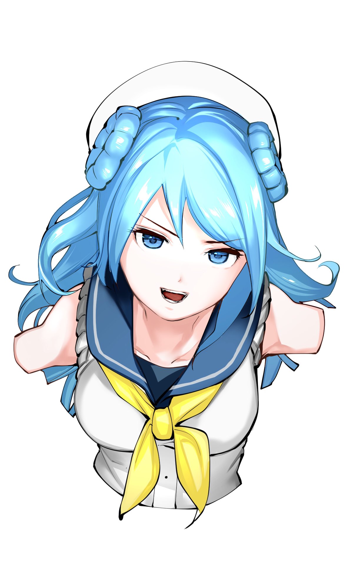 1girl blue_eyes blue_hair collarbone commentary_request cropped_arms cropped_torso double_bun hat highres kantai_collection looking_at_viewer neckerchief open_mouth oqwda sailor_hat school_uniform serafuku simple_background sleeves_rolled_up smile solo teeth upper_body urakaze_(kantai_collection) white_background white_headwear yellow_neckwear