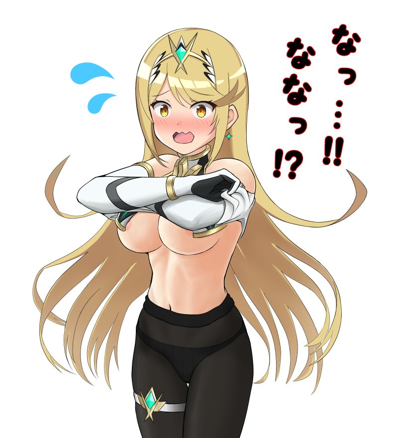 1girl :s areola_slip areolae bangs bare_shoulders blonde_hair blush breasts earrings elbow_gloves gem gloves hair_ornament headpiece hikari_(xenoblade_2) jewelry large_breasts leggings long_hair looking_at_viewer navel nervous nintendo open_mouth pantyhose shy simple_background solo sssemiii sweatdrop swept_bangs thigh_strap tiara translation_request underboob undressing very_long_hair white_background xenoblade_(series) xenoblade_2 yellow_eyes
