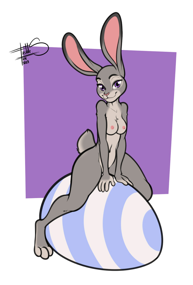 2019 3_toes 4_fingers anthro barefoot big_ears biped black_eyebrows breasts digital_media_(artwork) disney easter easter_egg eyebrows female freckles_(artist) front_view fur grey_fur grey_tail holidays judy_hopps lagomorph leporid long_ears looking_at_viewer mammal navel nipples nude pink_nipples pink_nose pinup pose purple_background purple_eyes rabbit signature simple_background smile solo toes zootopia