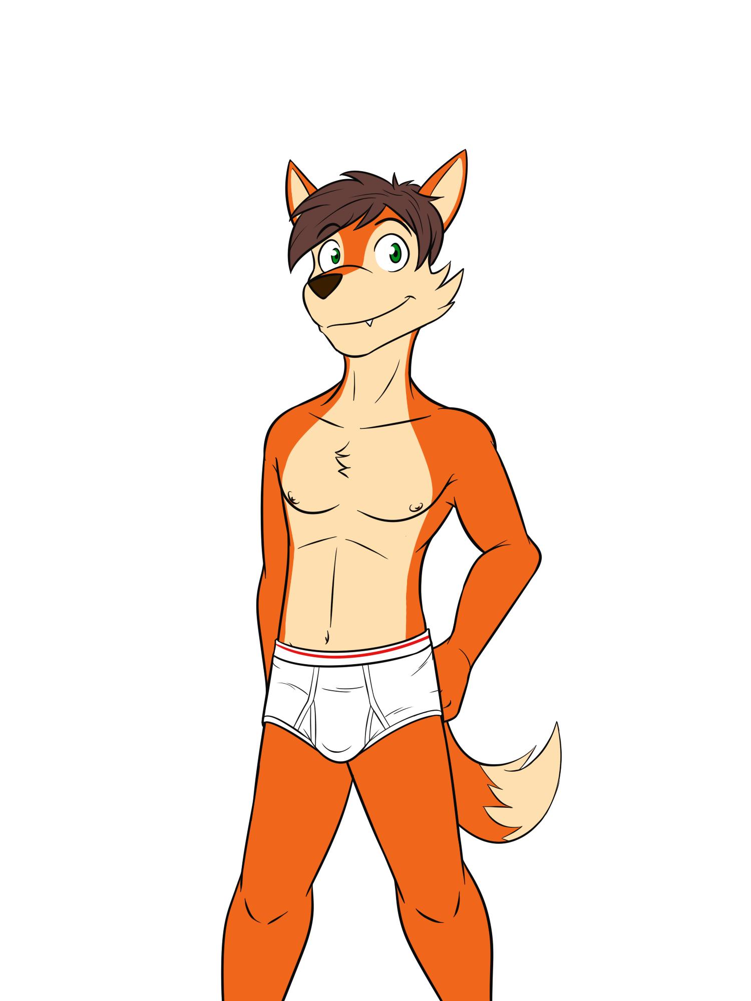 anthro briefs bulge canid canine clothed clothing dignity_or_debt fox fuze hi_res male mammal navel nipples simple_background solo topless underwear white_background
