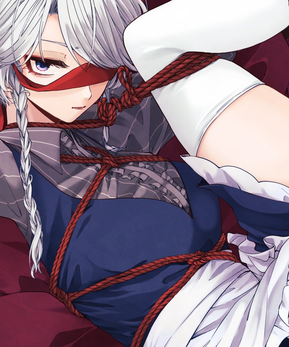 1girl apron arms_up bangs bdsm bed_sheet blindfold blindfold_slip blue_dress blue_eyes bondage bound braid breasts center_opening commentary_request dress feet_out_of_frame frilled_apron frills grey_shirt highres izayoi_sakuya leg_up looking_at_viewer lying maid_apron medium_breasts on_back petticoat shibari shibari_over_clothes shirt short_dress short_hair silver_hair solo souta_(karasu_no_ouchi) striped striped_shirt swept_bangs thighhighs thighs touhou twin_braids vertical-striped_shirt vertical_stripes waist_apron white_apron white_legwear wing_collar