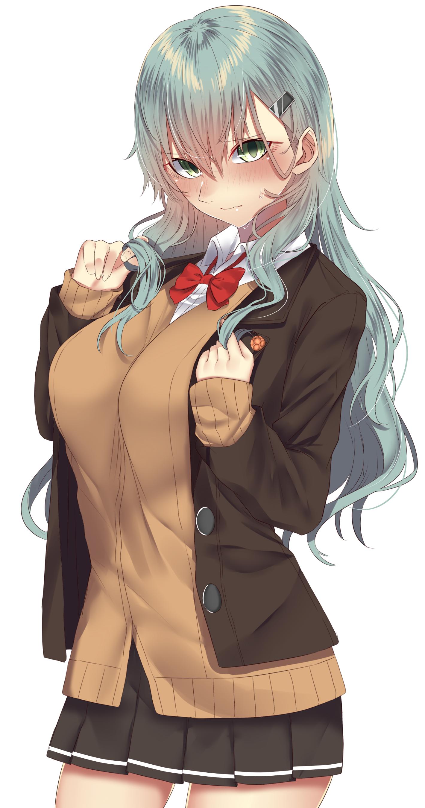 1girl absurdres aqua_eyes aqua_hair bow bowtie brown_jacket brown_legwear brown_skirt cardigan commentary_request contrapposto hair_ornament hairclip highres jacket kantai_collection long_hair looking_at_viewer onineko-chan open_cardigan open_clothes orange_cardigan pleated_skirt red_neckwear remodel_(kantai_collection) school_uniform simple_background skirt solo standing suzuya_(kantai_collection) vest white_background